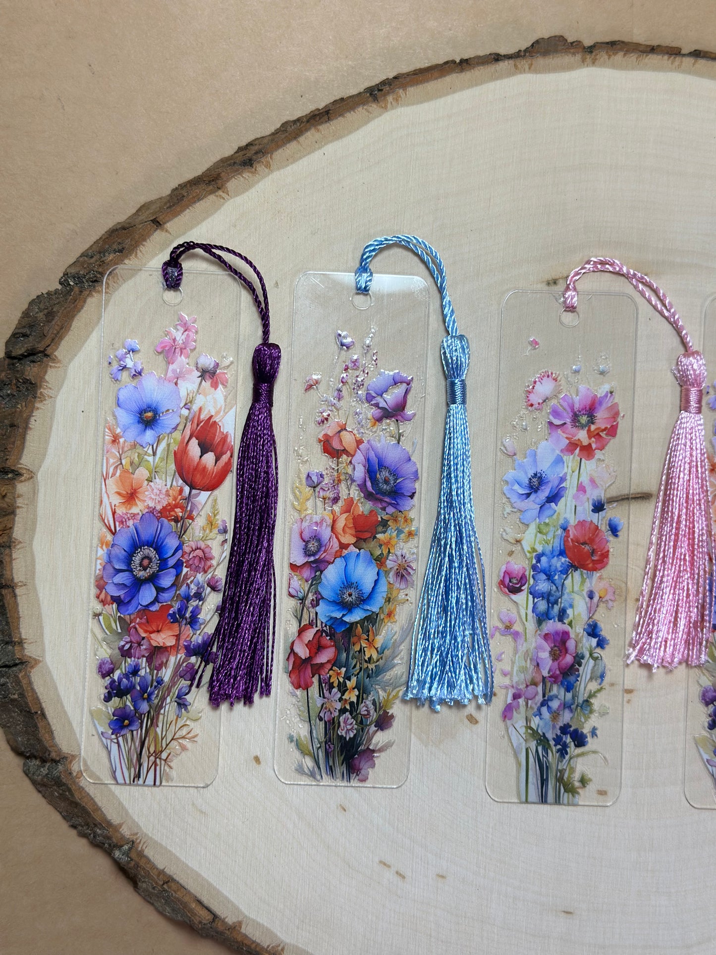 Handmade Thin Acrylic Bookmark- 'Wildflower Whispers' Floral Print with Colored Tassels