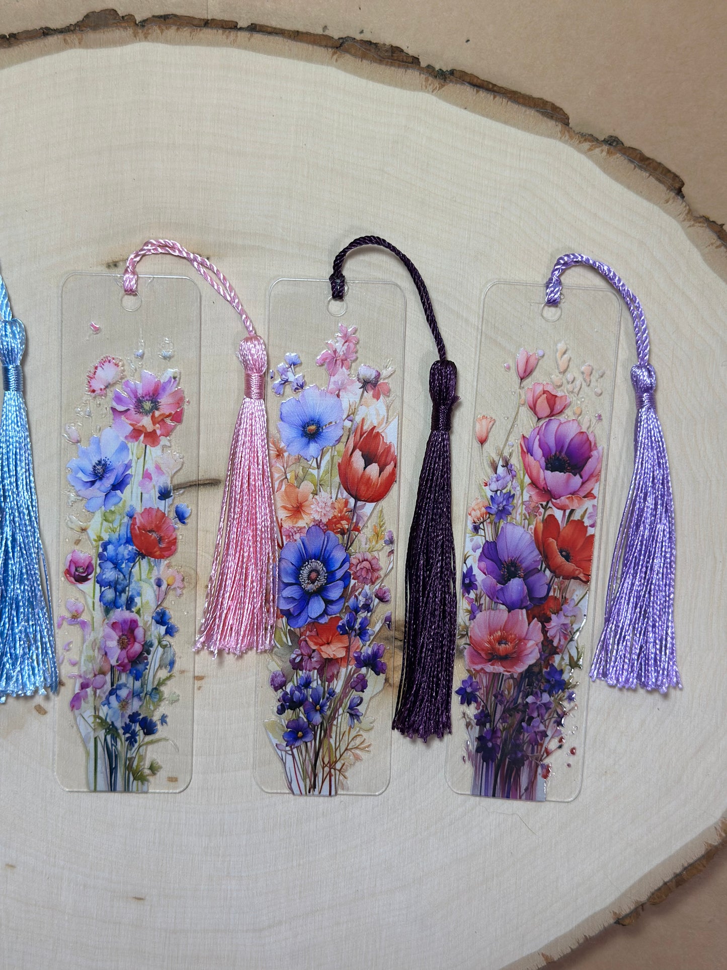 Handmade Thin Acrylic Bookmark- 'Wildflower Whispers' Floral Print with Colored Tassels