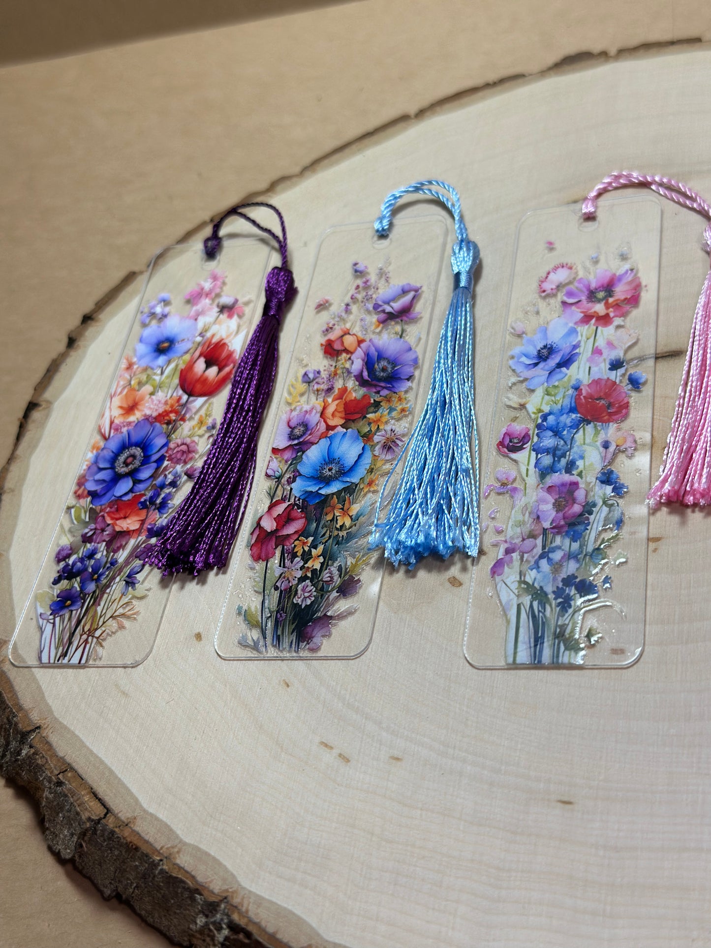 Handmade Thin Acrylic Bookmark- 'Wildflower Whispers' Floral Print with Colored Tassels