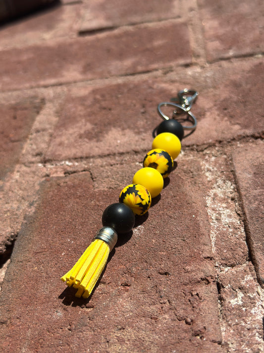 Silicone Beaded Keychain | Sunflower Printed Silver Hardware Standalone Keychain