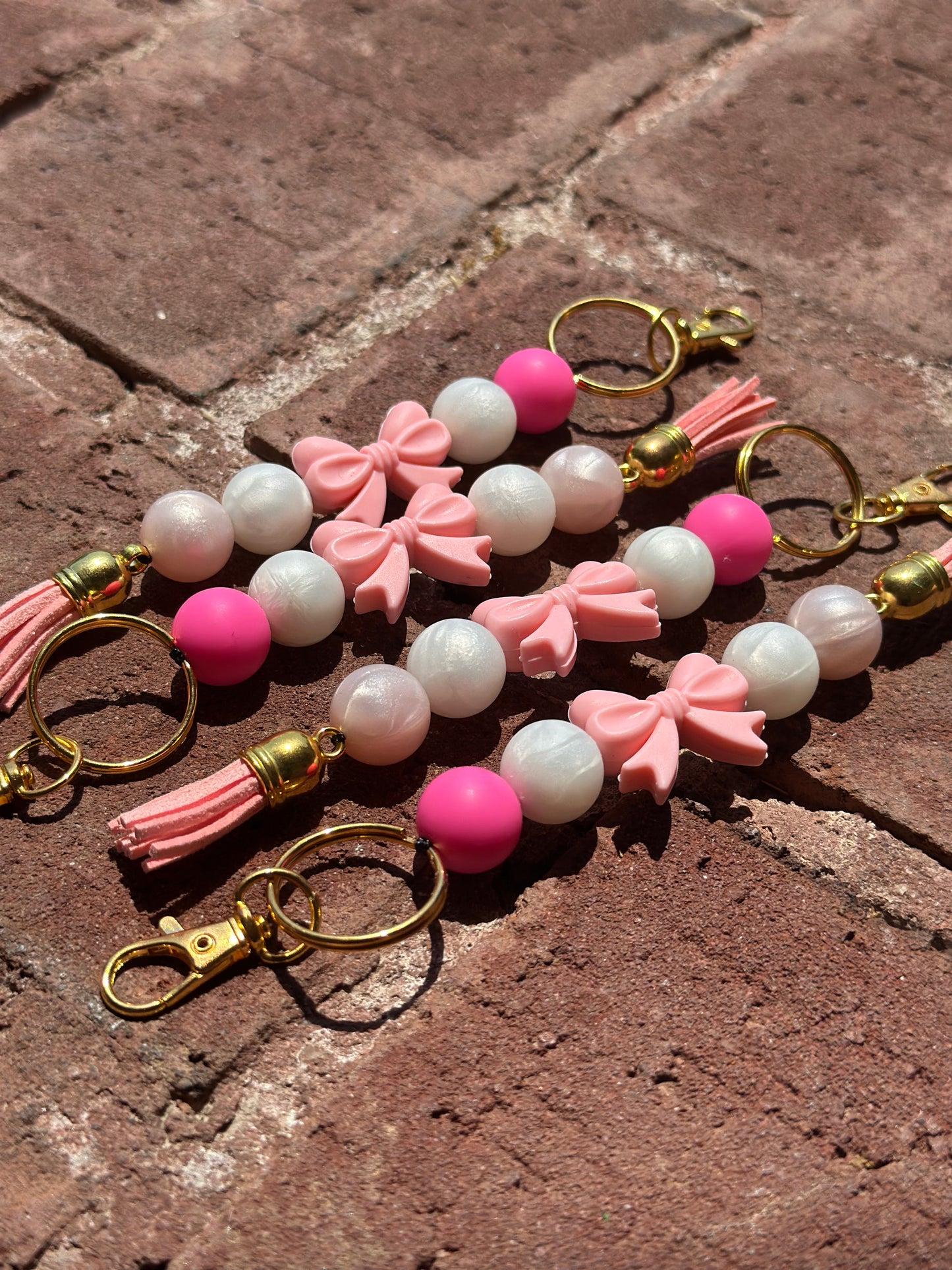 Silicone Beaded Keychain | Pink Bow Preppy Gold Hardware Standalone Keychain
