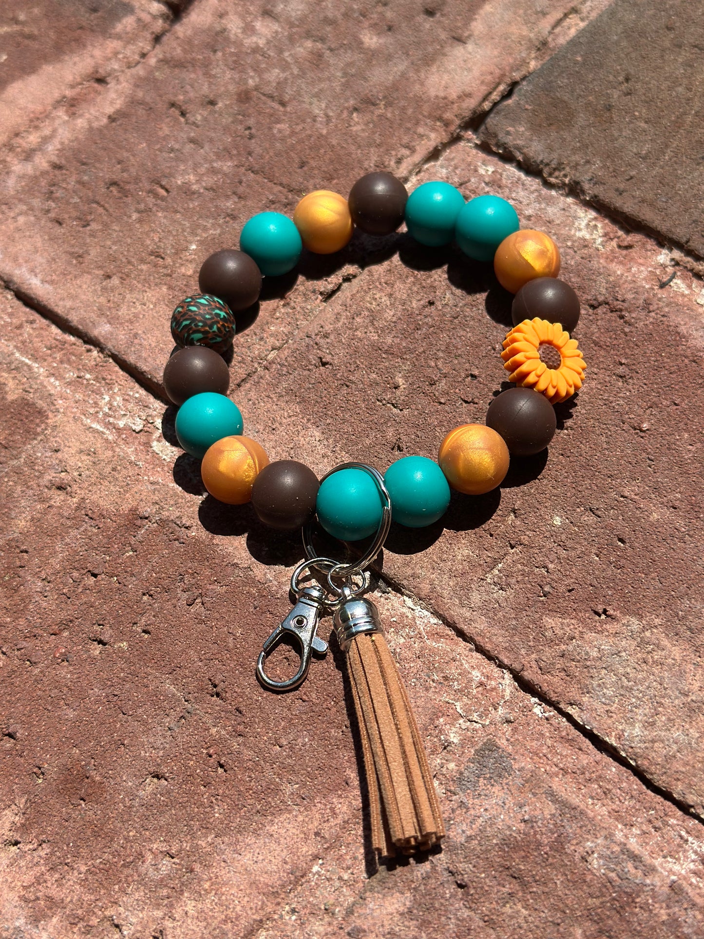 Silicone Beaded Wristlet Keychain| Turquoise, Brown, Sunflower Cheetah Print Silicone Wristlet