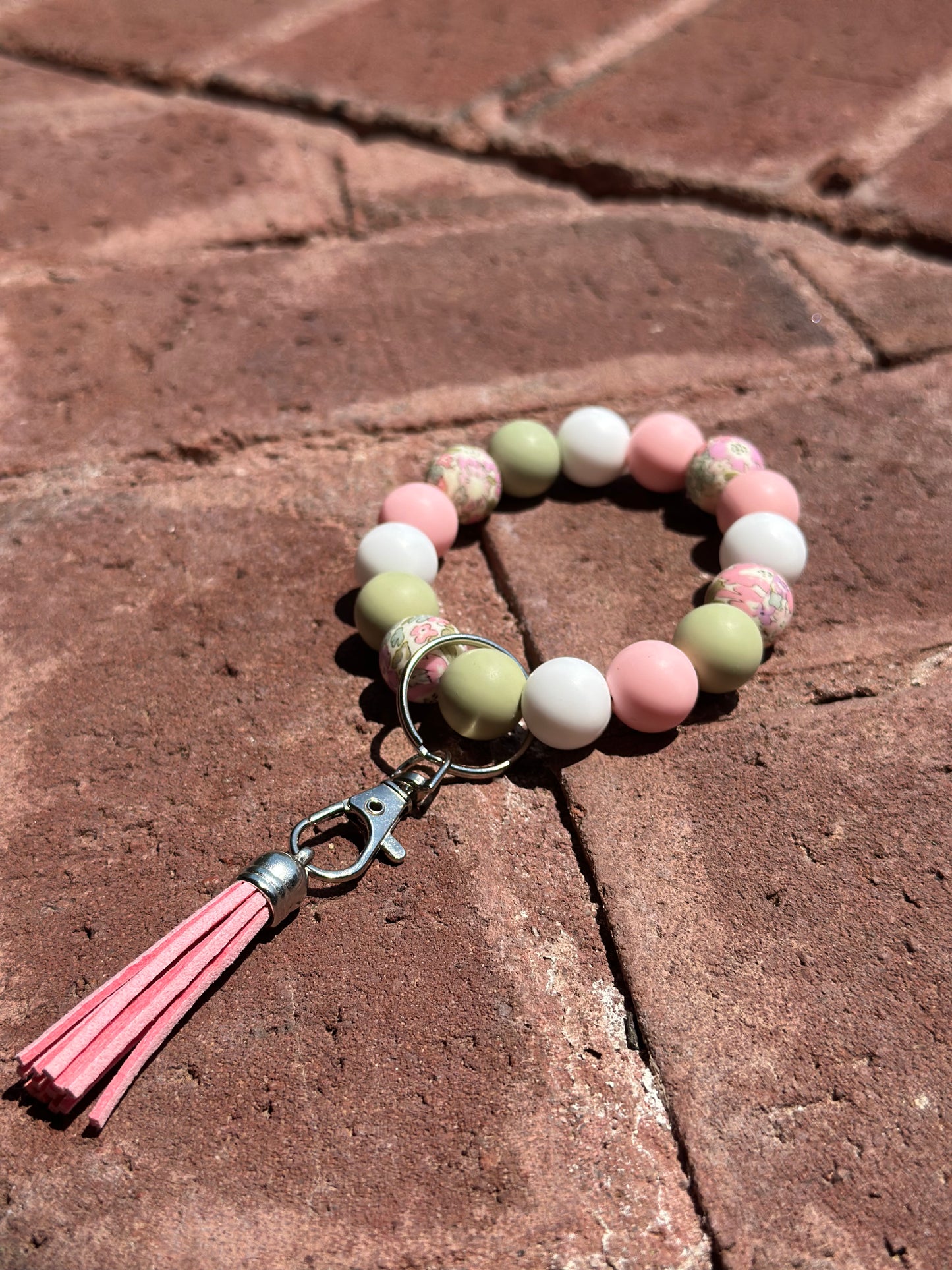 Silicone Beaded Wristlet Keychain| Pink Printed Focal Bead Green White Wristlet