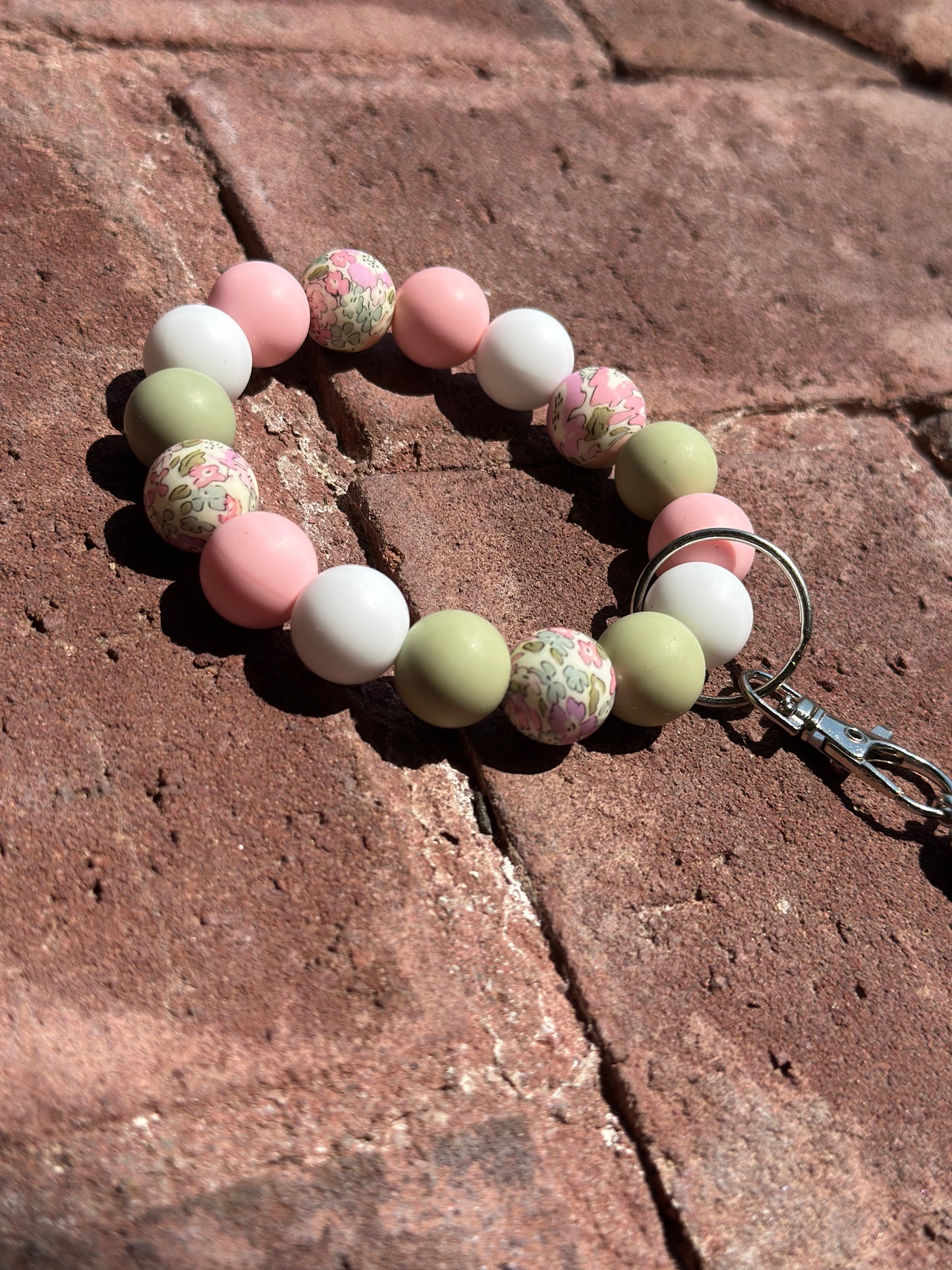 Silicone Beaded Wristlet Keychain| Pink Printed Focal Bead Green White Wristlet
