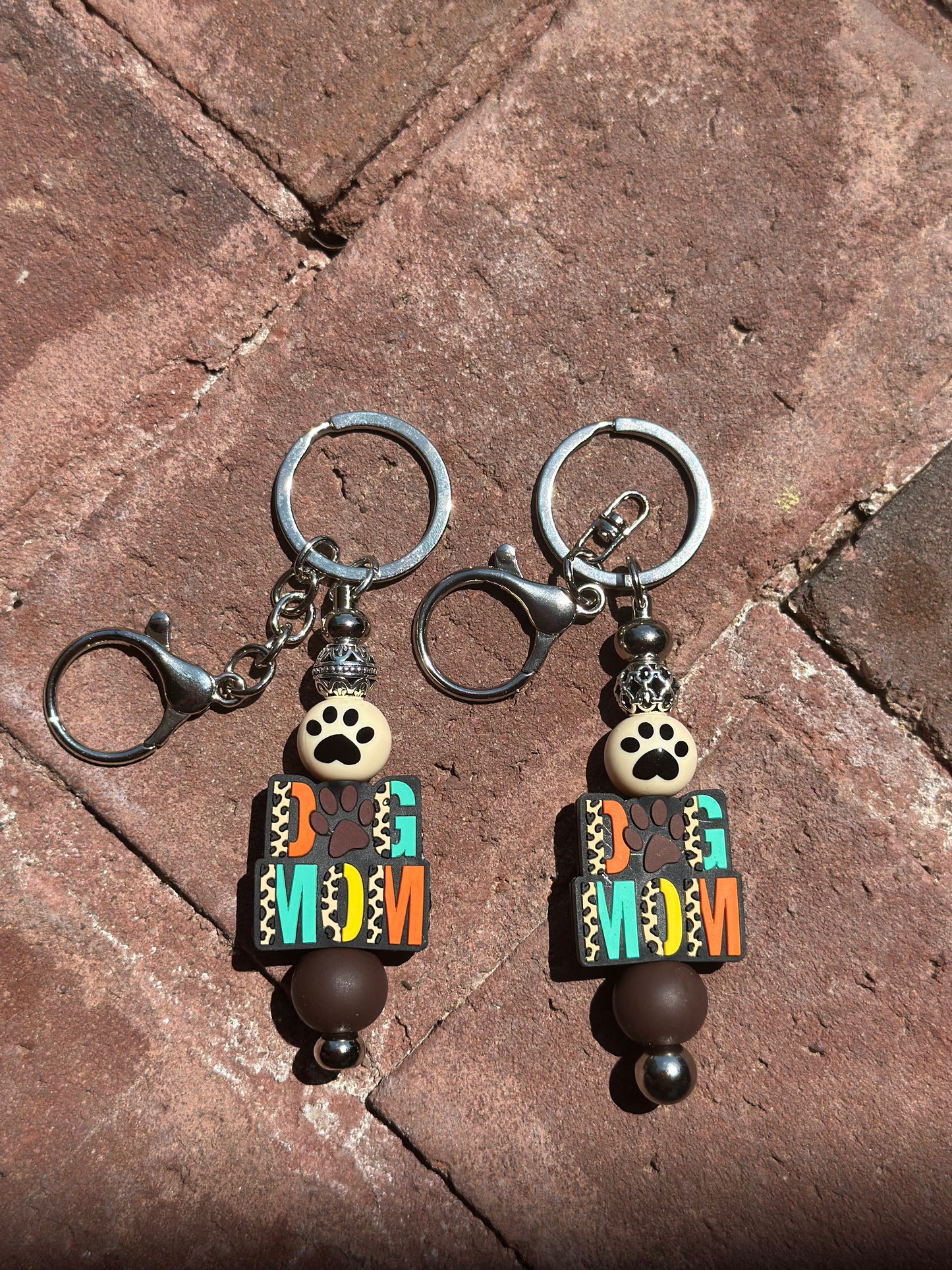 Silicone Beaded Keychain Silver Post| Dog Mom Cheetah Print Keychain