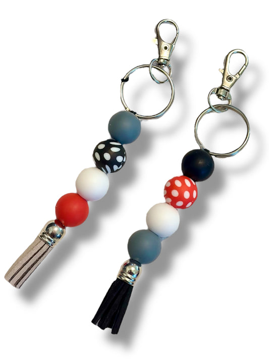 Silicone Beaded Keychain Stand Alone | 'Spot On' Grey Red Polka Dot