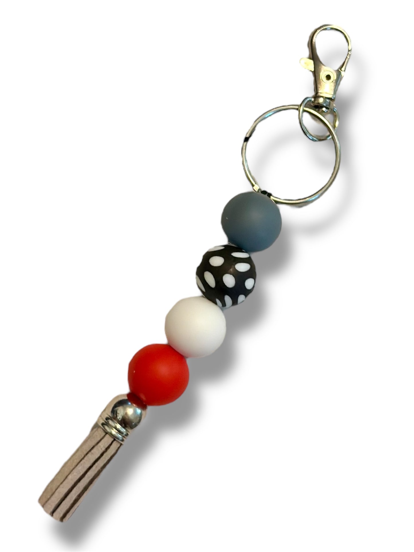 Silicone Beaded Keychain Stand Alone | 'Spot On' Grey Red Polka Dot