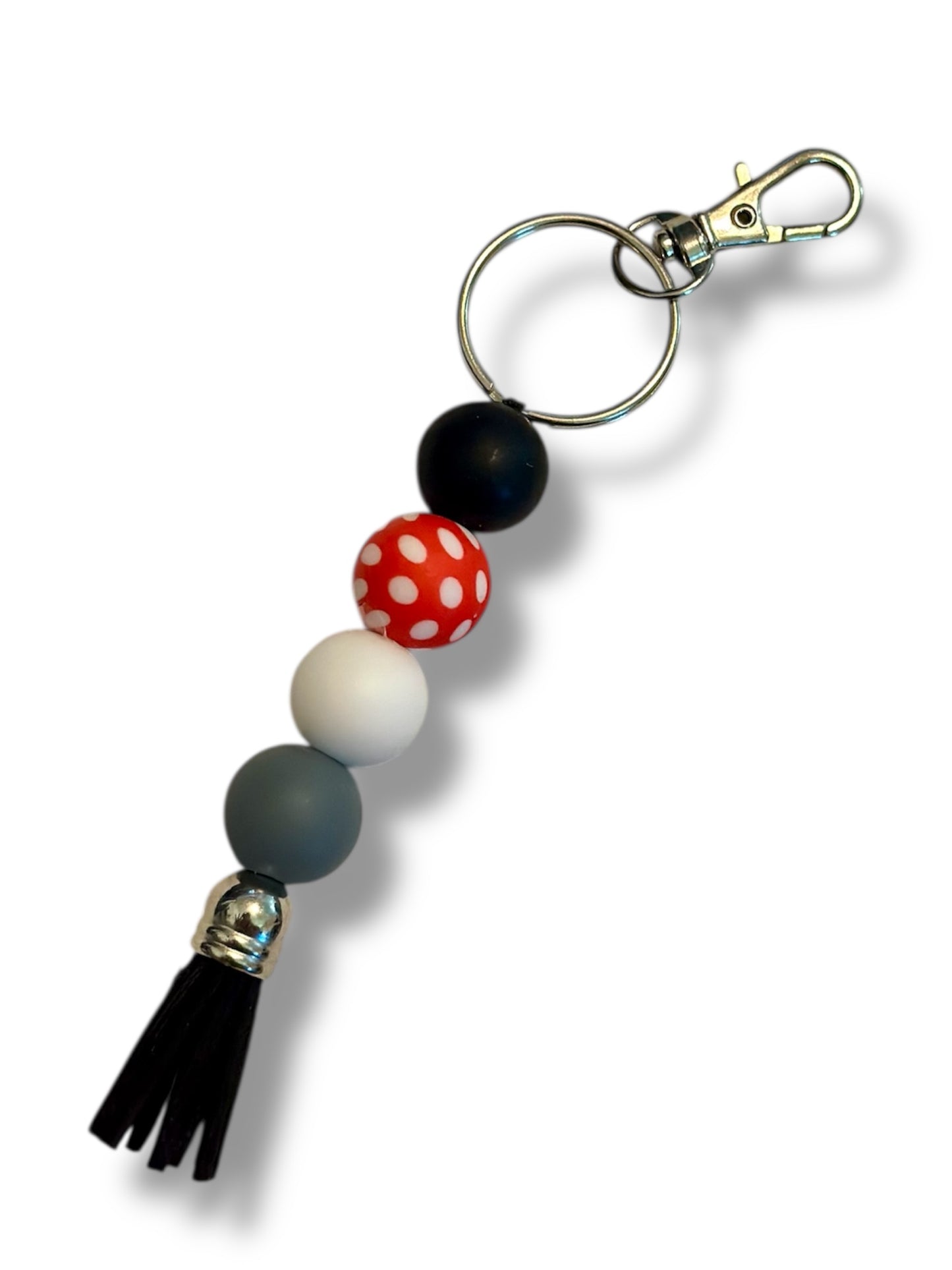 Silicone Beaded Keychain Stand Alone | 'Spot On' Grey Red Polka Dot