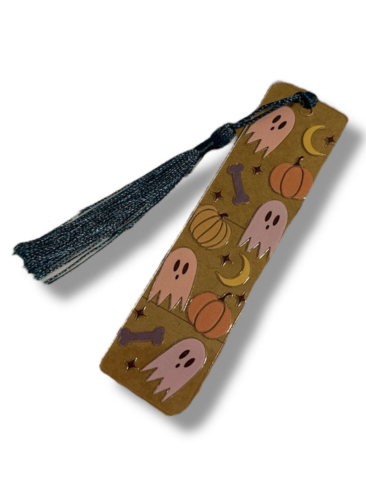 Handmade Thin Clear Acrylic Bookmark- 'Boo & Bones' Ghost & Pumpkin Bookmark