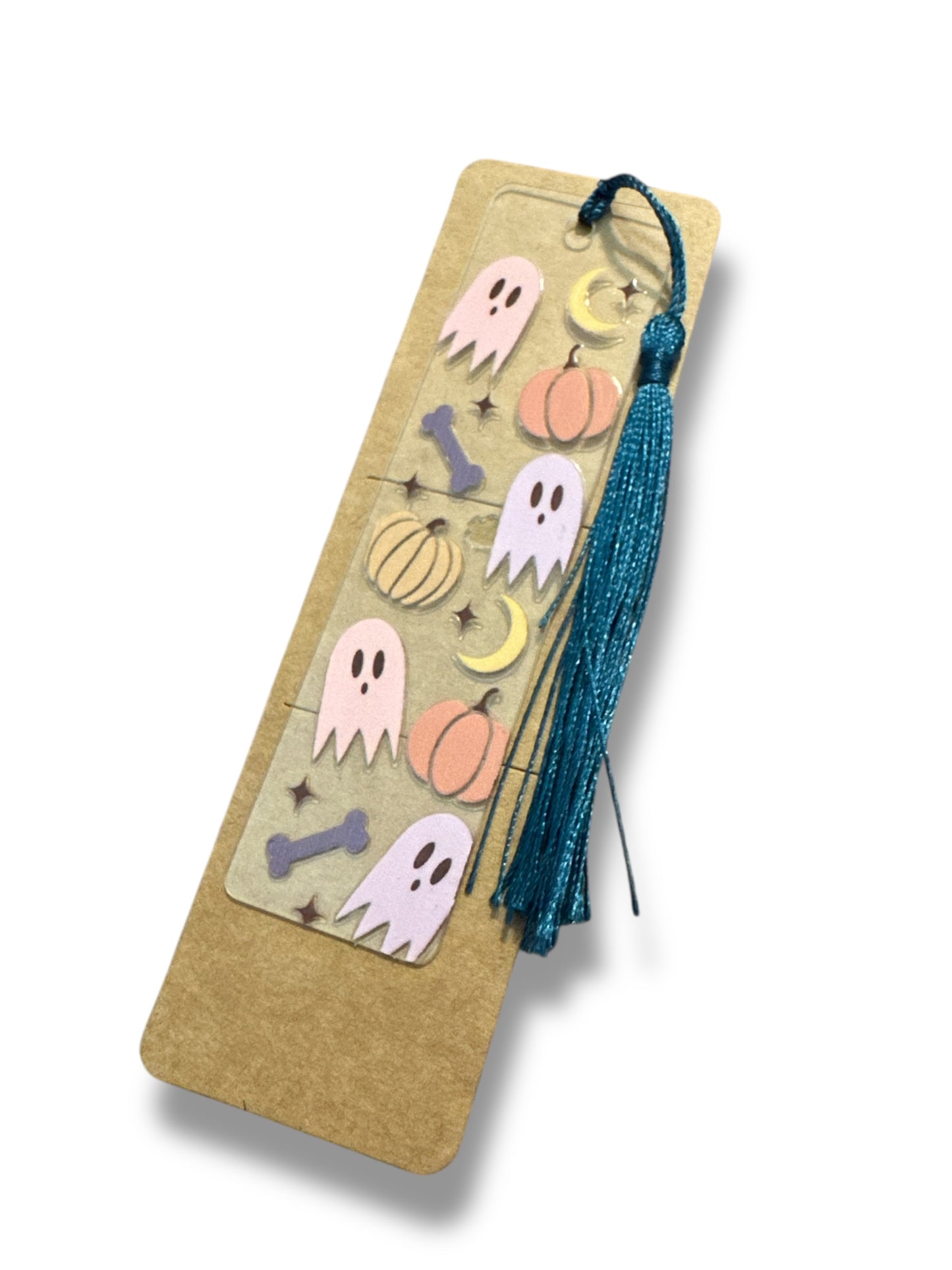 Handmade Thin Clear Acrylic Bookmark- 'Boo & Bones' Ghost & Pumpkin Bookmark