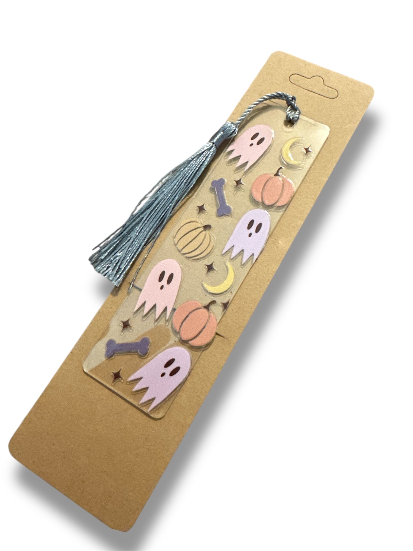 Handmade Thin Clear Acrylic Bookmark- 'Boo & Bones' Ghost & Pumpkin Bookmark