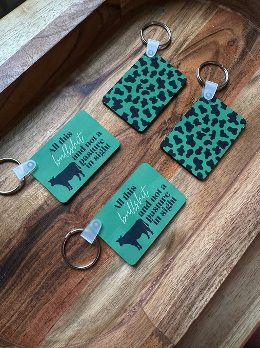 Handmade Hardboard Sublimated Keychain- 'All This Pasture' Green Cow Keychain