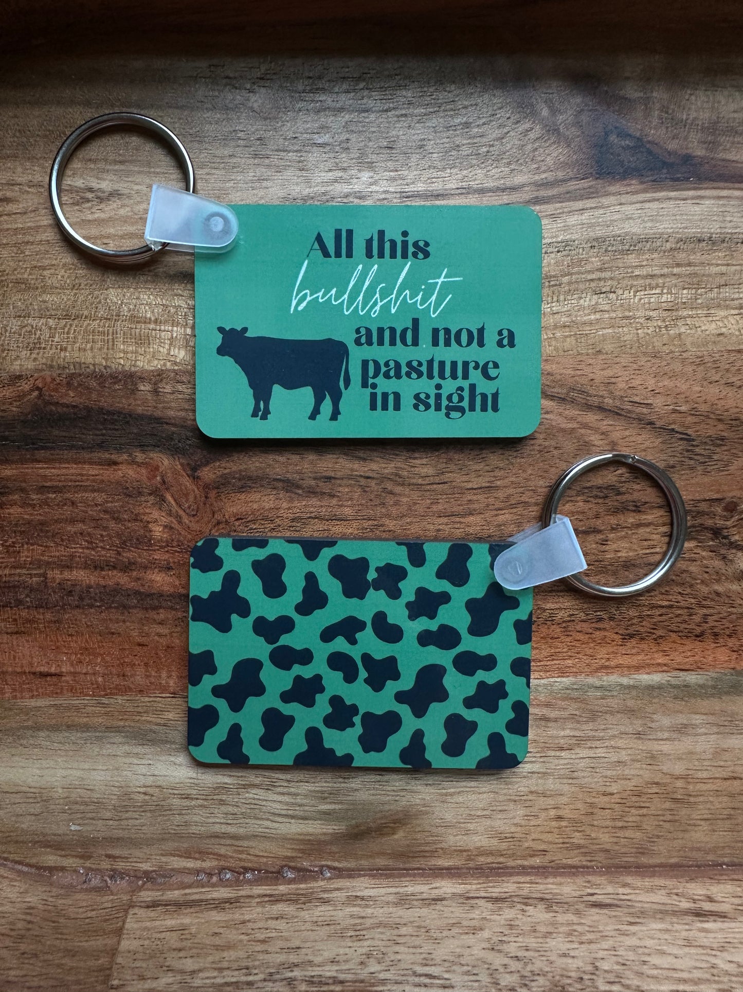 Handmade Hardboard Sublimated Keychain- 'All This Pasture' Green Cow Keychain