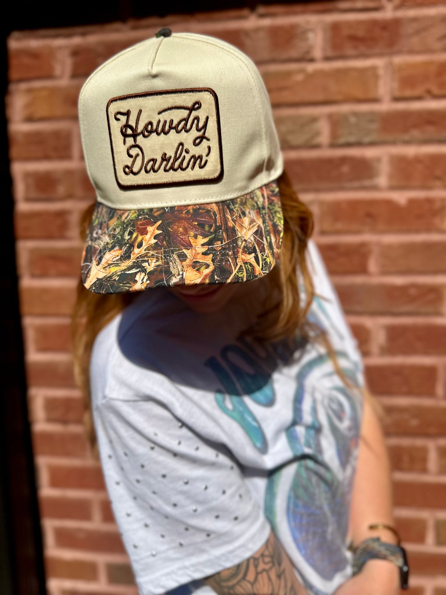 Howdy Darlin' Embroidery Patch Camoflauge Cream Realtree Baseball Hat