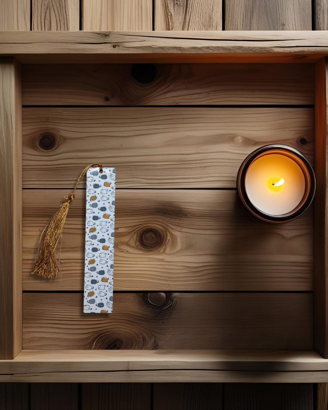 Wooden surface with a lit candle and a white cat pattern on it, named 'meow marker'.
