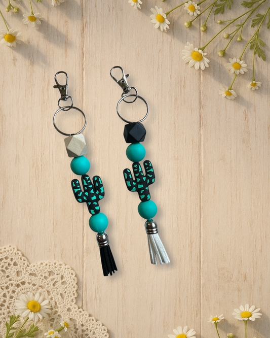 turquoise cactus silicone beaded standalone keychain