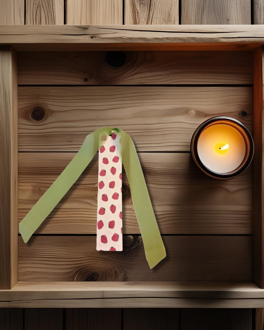 wooden background with a lit candle and a white hardboard bookmark with a strawberry print on it.