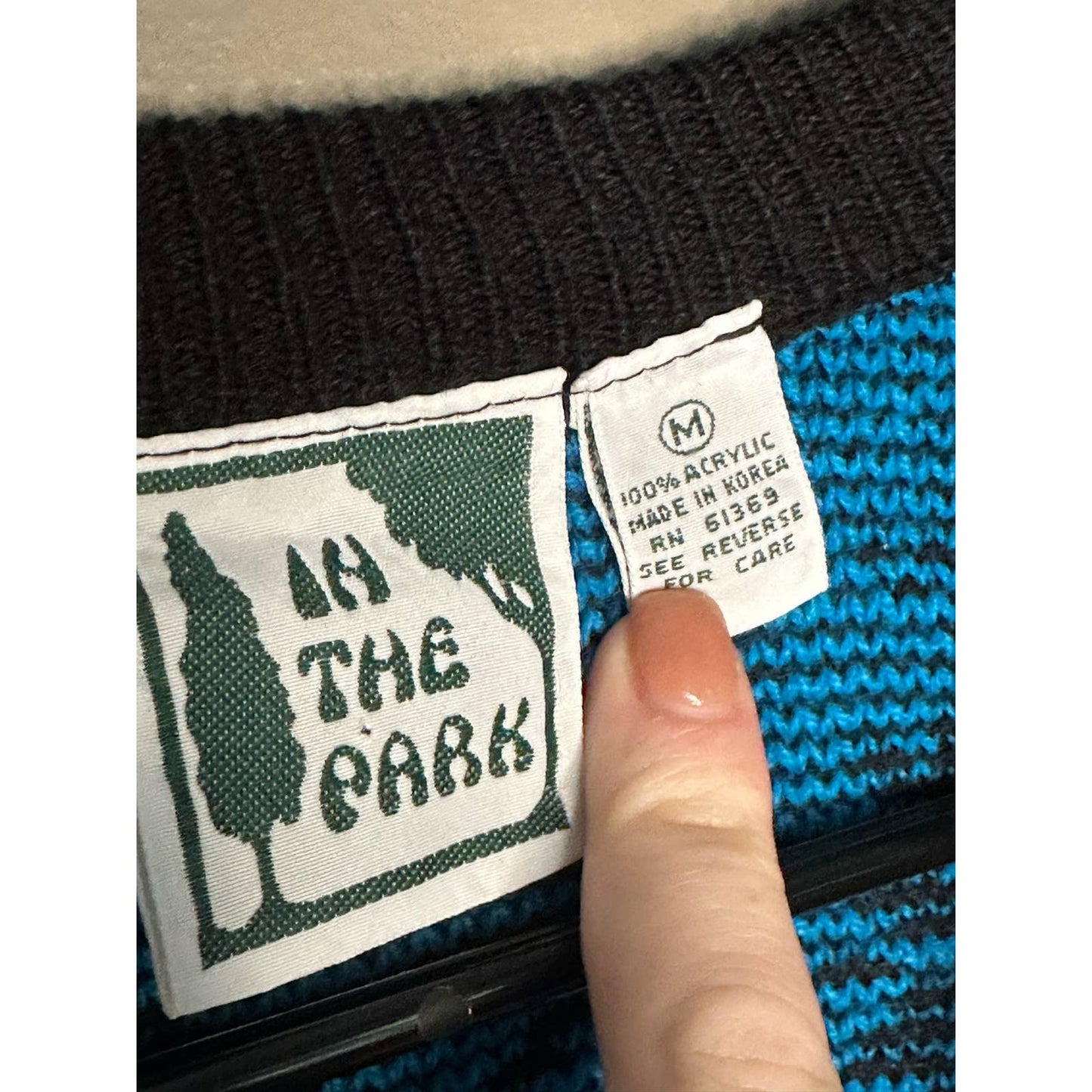 Vintage In The Park Blue Black Chunky Knit Button Down Cardigan Size M