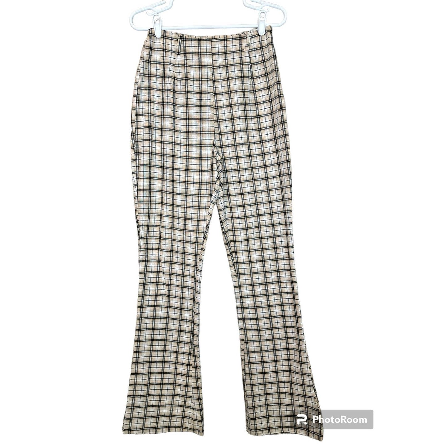 Prettylittlething Beige Plaid Side Zip Up Flare Dress Pants Size 8