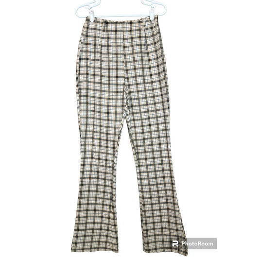 Prettylittlething Beige Plaid Side Zip Up Flare Dress Pants Size 8