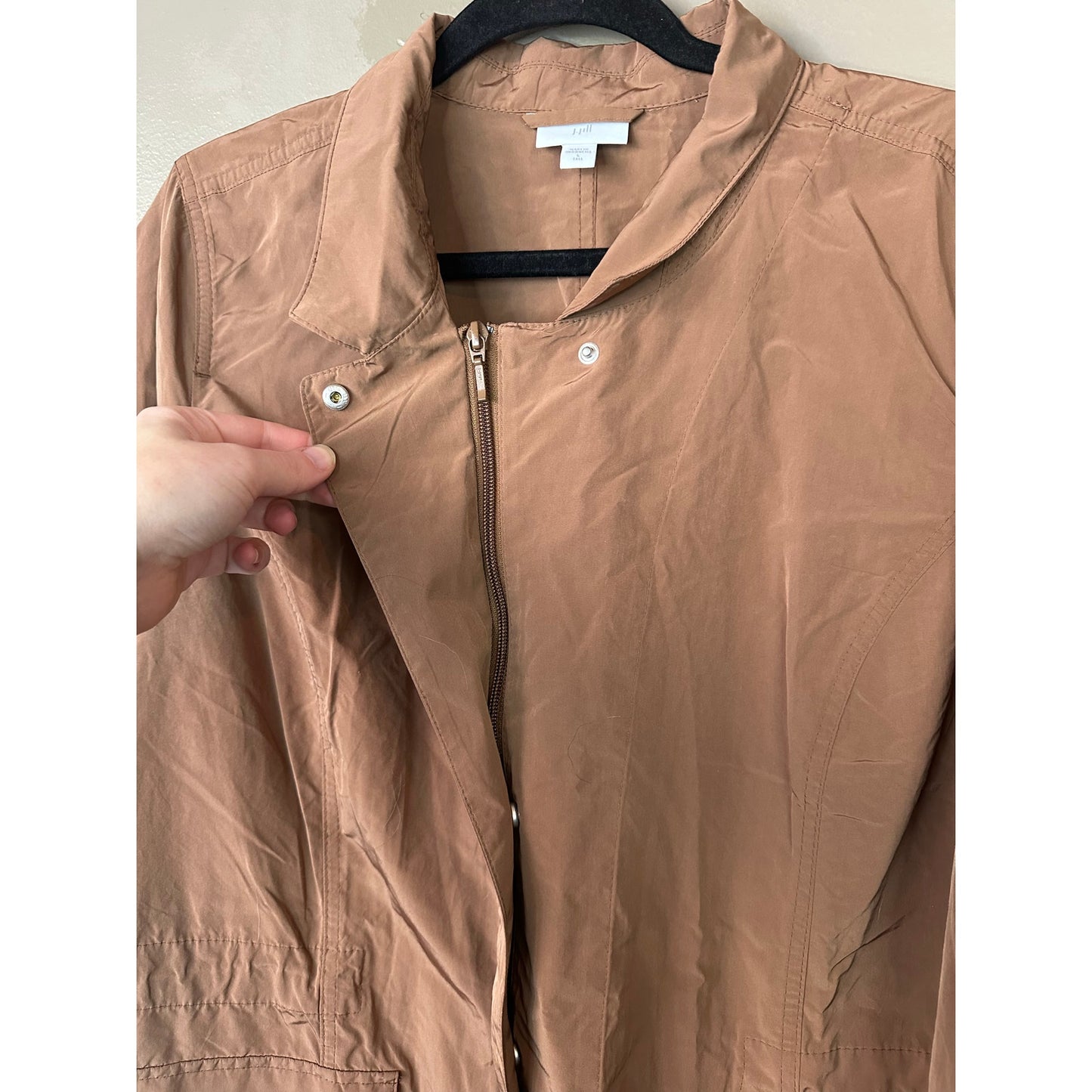 J. Jill Brown Hidden Zip Up Windbreaker Collared Pockets Jacket Size Large Tall