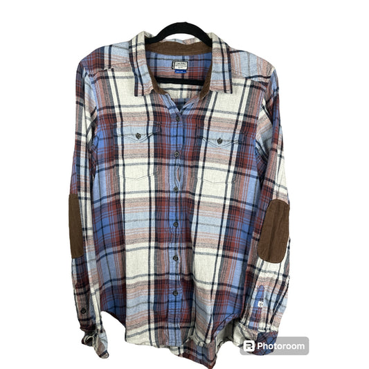 Men’s Kavu is Long Sleeve Blue Brown Plaid Elbow Patch Button Down Size Large