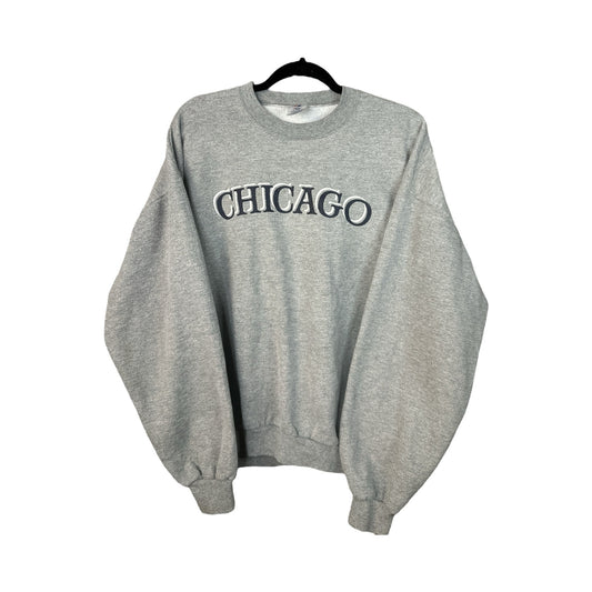 Vintage Jerzees Grey Blue Graphic ‘Chicago’ Long Sleeves Sweatshirt Size XL