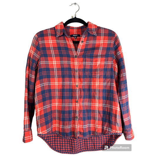 Madewell Orange Red Blue Long Sleeve Button Down Plaid Flannel Size XS