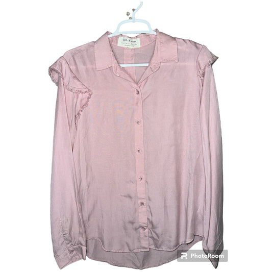 Cloth & Stone Pink Ruffle Shoulder Long Sleeve Button Up Blouse Size Medium