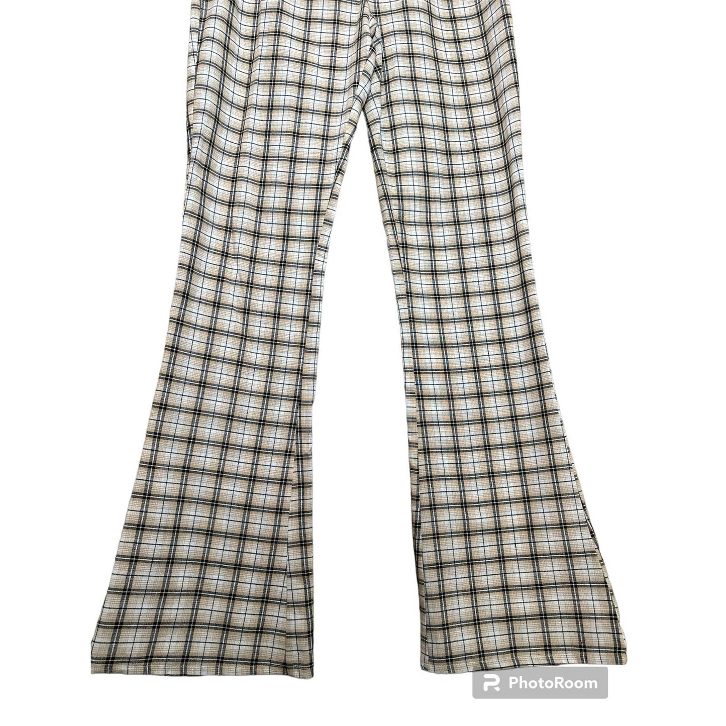 Prettylittlething Beige Plaid Side Zip Up Flare Dress Pants Size 8