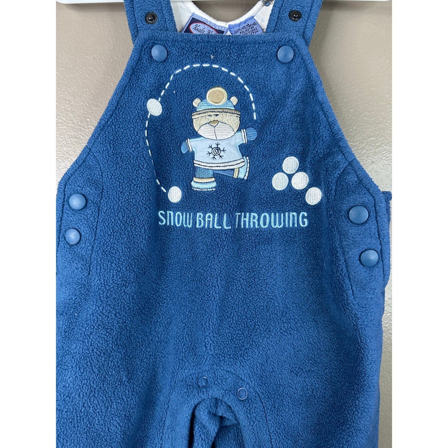 Boy’s Vintage Koala Kids Blue ‘Snowball Throwing’ Overall Bibs Size 6/9 Months