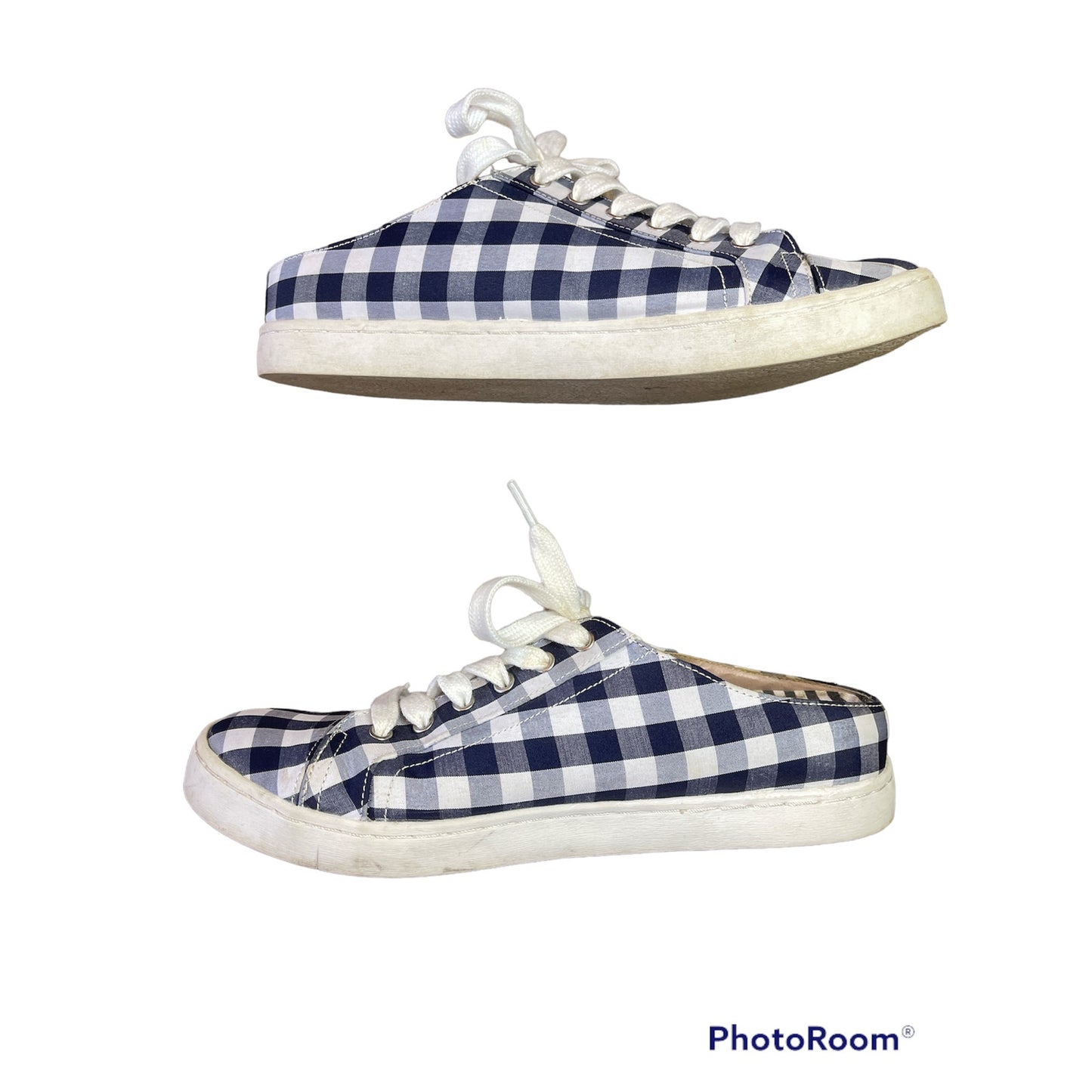 Betsey Johnson Gingham Blue White Slip On Mules Embroider Bee Size 8.5
