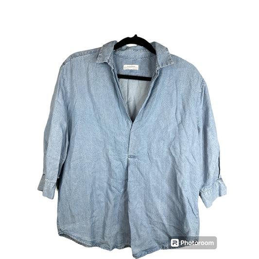 Zara Blue Jean/ Denim Chambray Half Sleeve V Neck Blouse Size Small