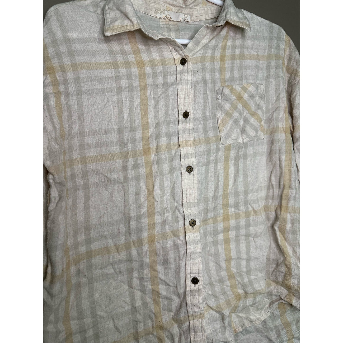 PrAna Long Sleeve Plaid Pattern Button Down Beige Brown Cream Flannel Size Small