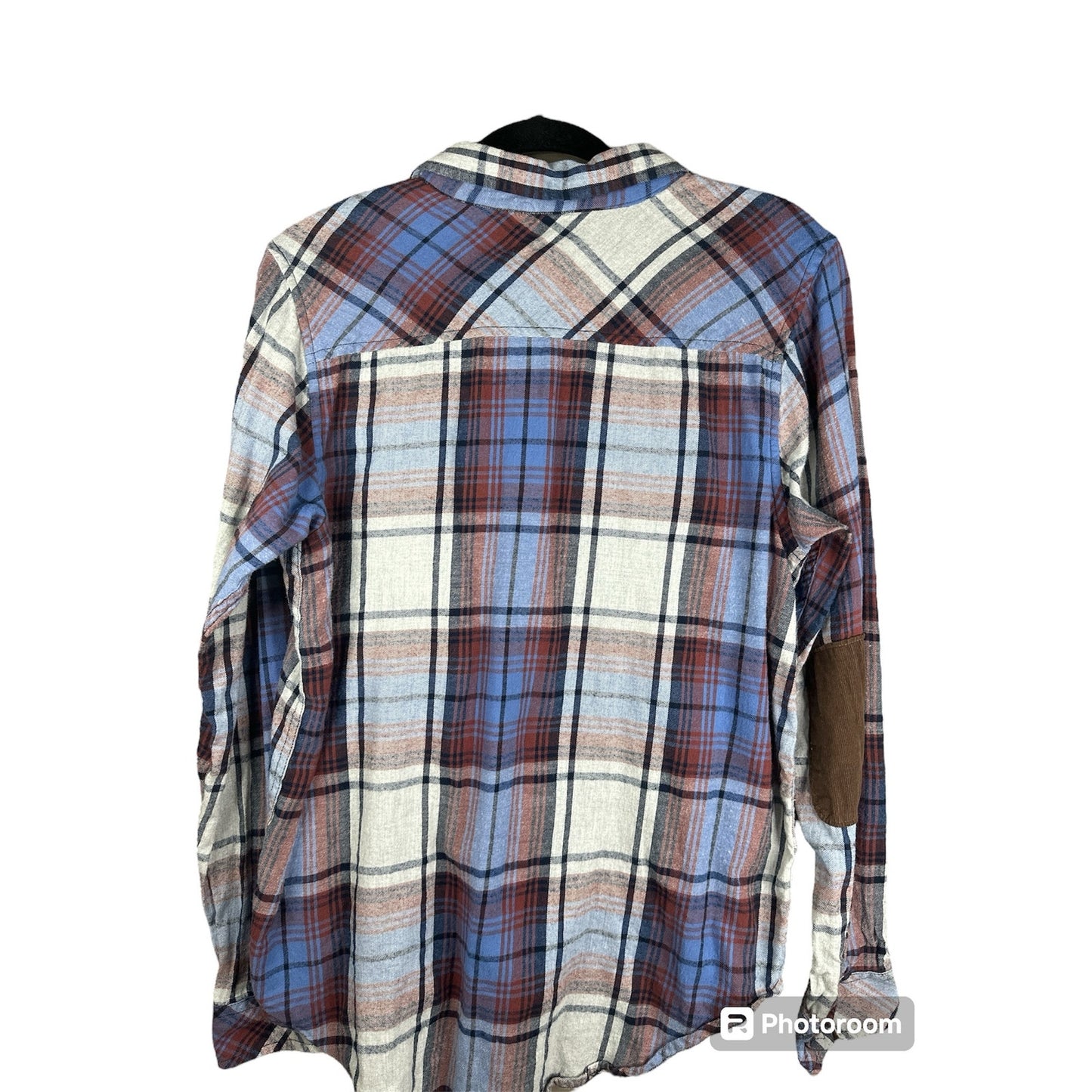 Men’s Kavu is Long Sleeve Blue Brown Plaid Elbow Patch Button Down Size Large