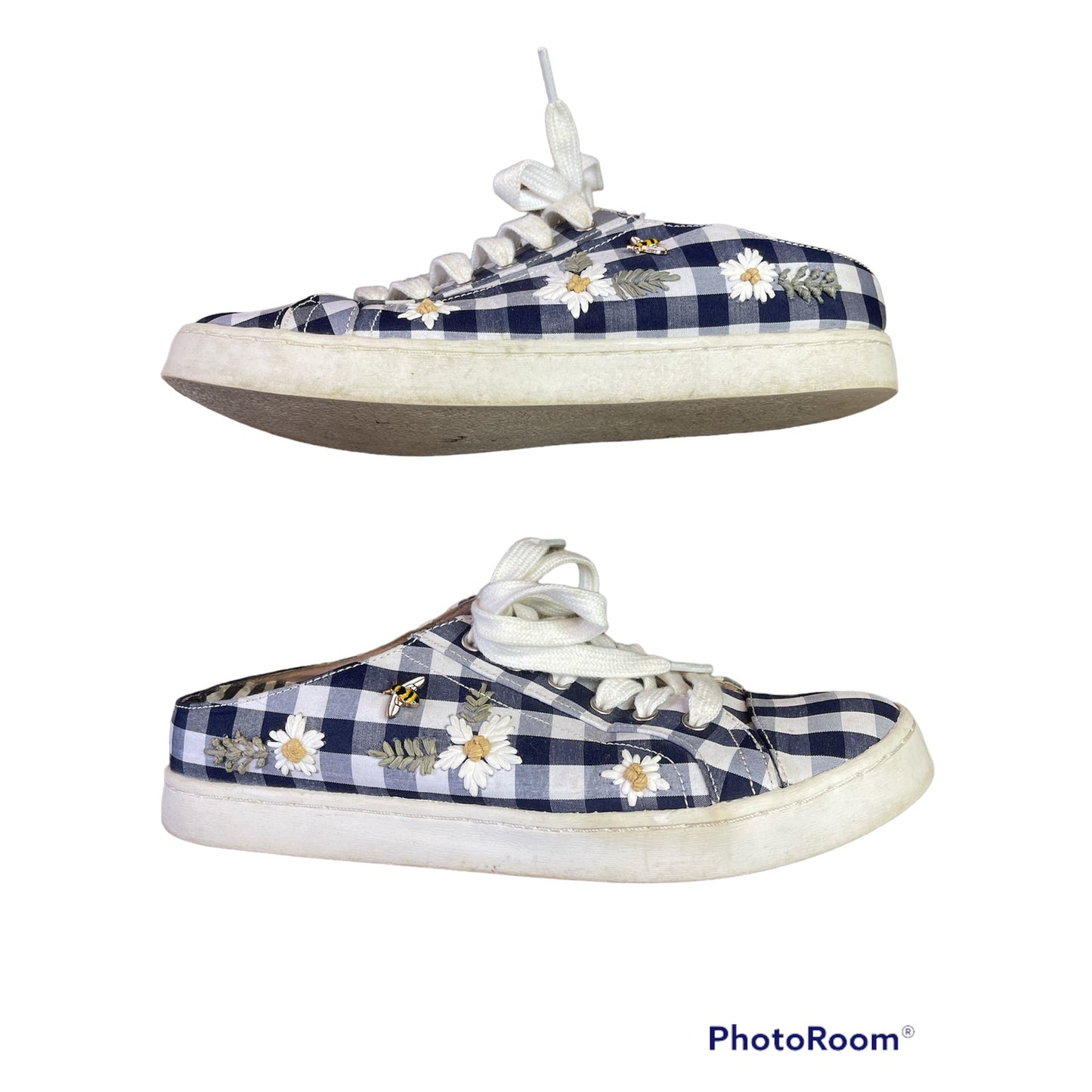 Betsey Johnson Gingham Blue White Slip On Mules Embroider Bee Size 8.5