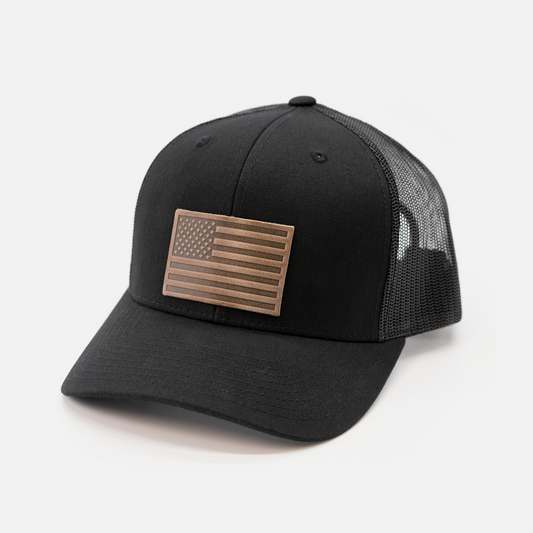 Unisex Black Mesh Back American Flag Hat - Leather Patch Trucker Snapback