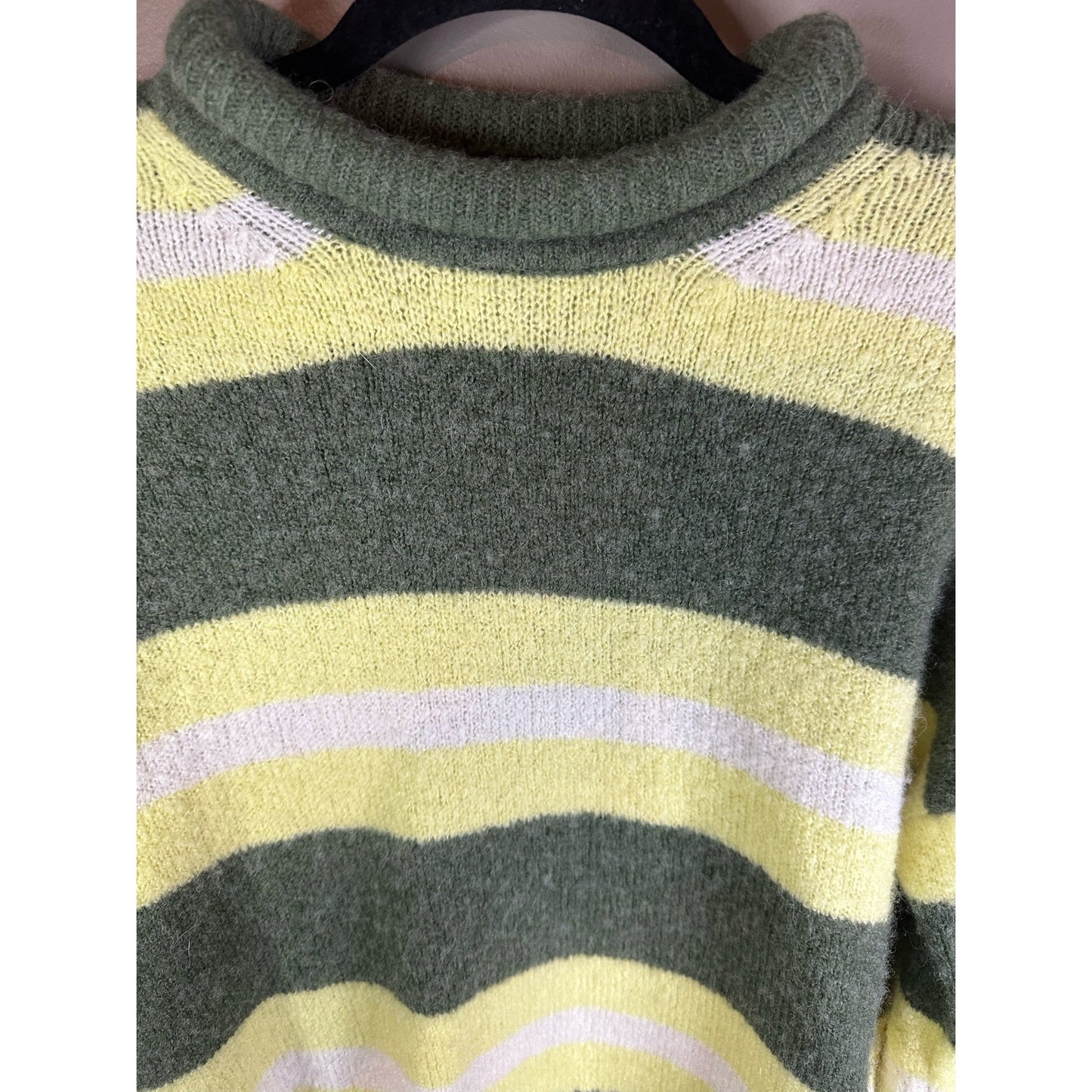 Madewell Neon Yellow Green Stripe Acrylic Wool Mock Neck Sweater Size Small