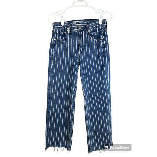 American Eagle Blue White Stripe Wide Leg Crop Blue Jeans Size 00