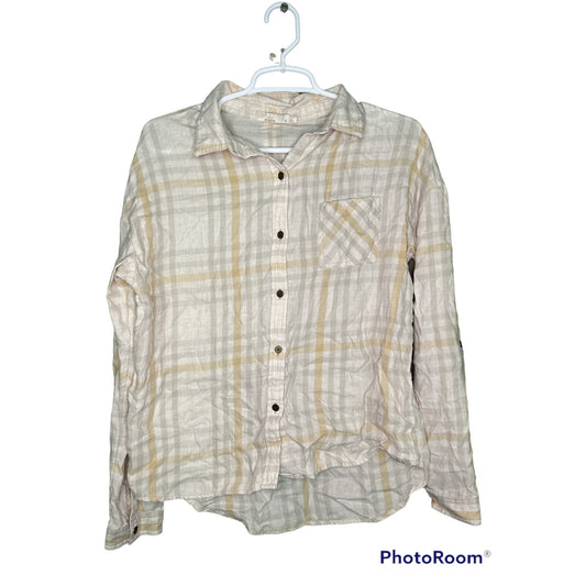 PrAna Long Sleeve Plaid Pattern Button Down Beige Brown Cream Flannel Size Small