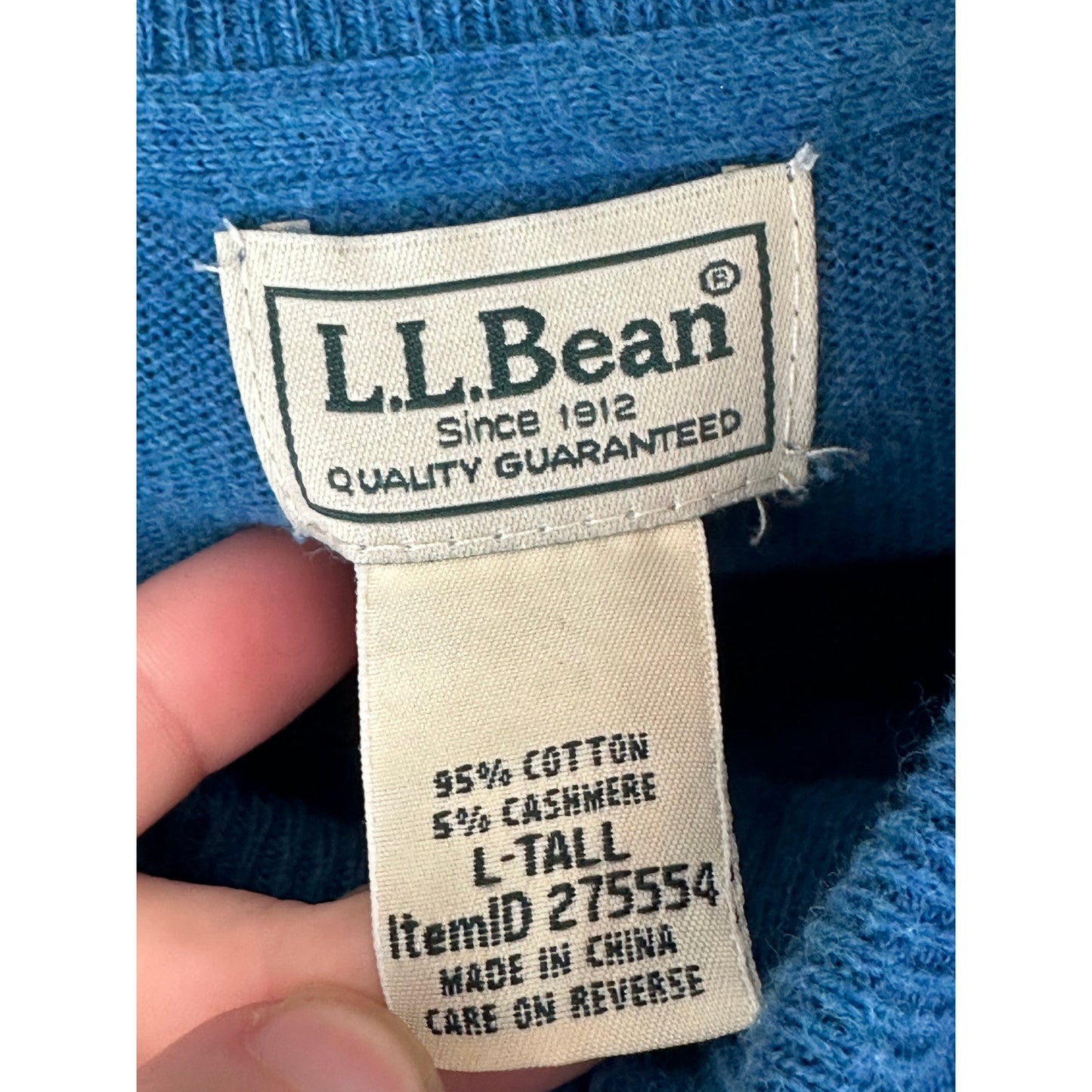 Men’s L.L.Bean Blue Quarter Zip Pullover Cashmere Sweatshirt Size Large-Tall