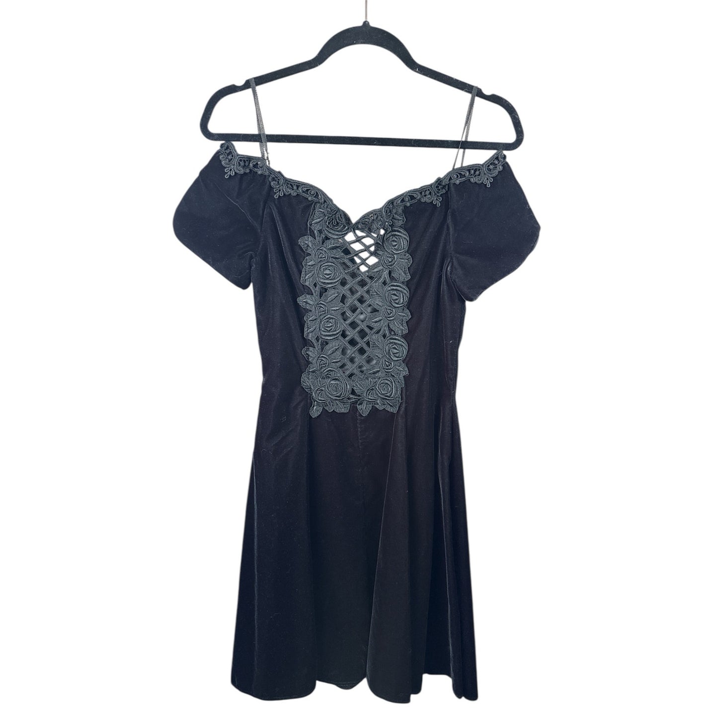 Vintage Scott McClintock Off Shoulder Velvet Lace Detail Black Mini Dress Size 6