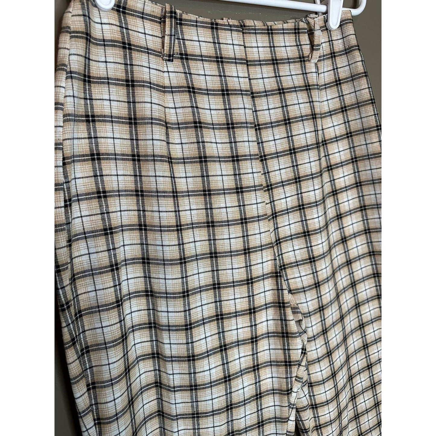 Prettylittlething Beige Plaid Side Zip Up Flare Dress Pants Size 8