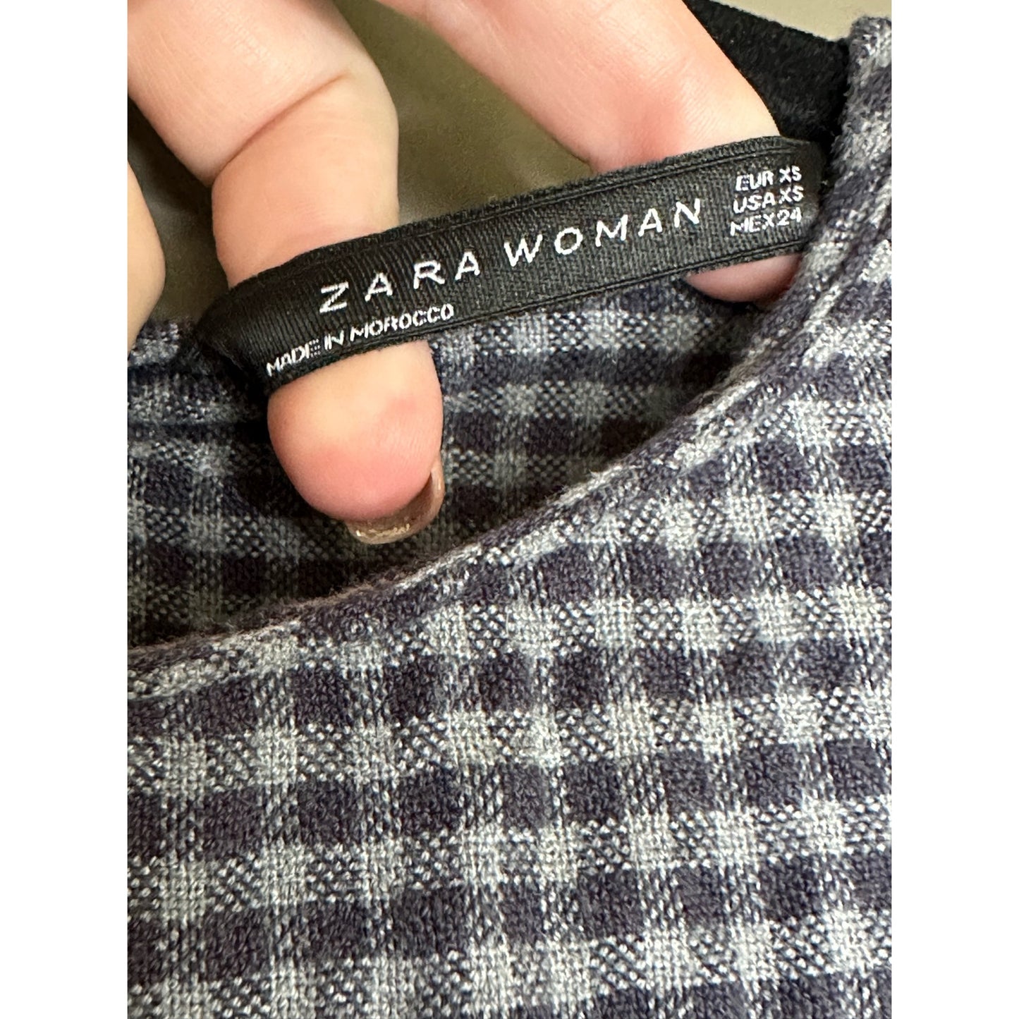Zara Gingham Long Sleeve Grey Black Ruffle Hi Lo Blouse Size XS