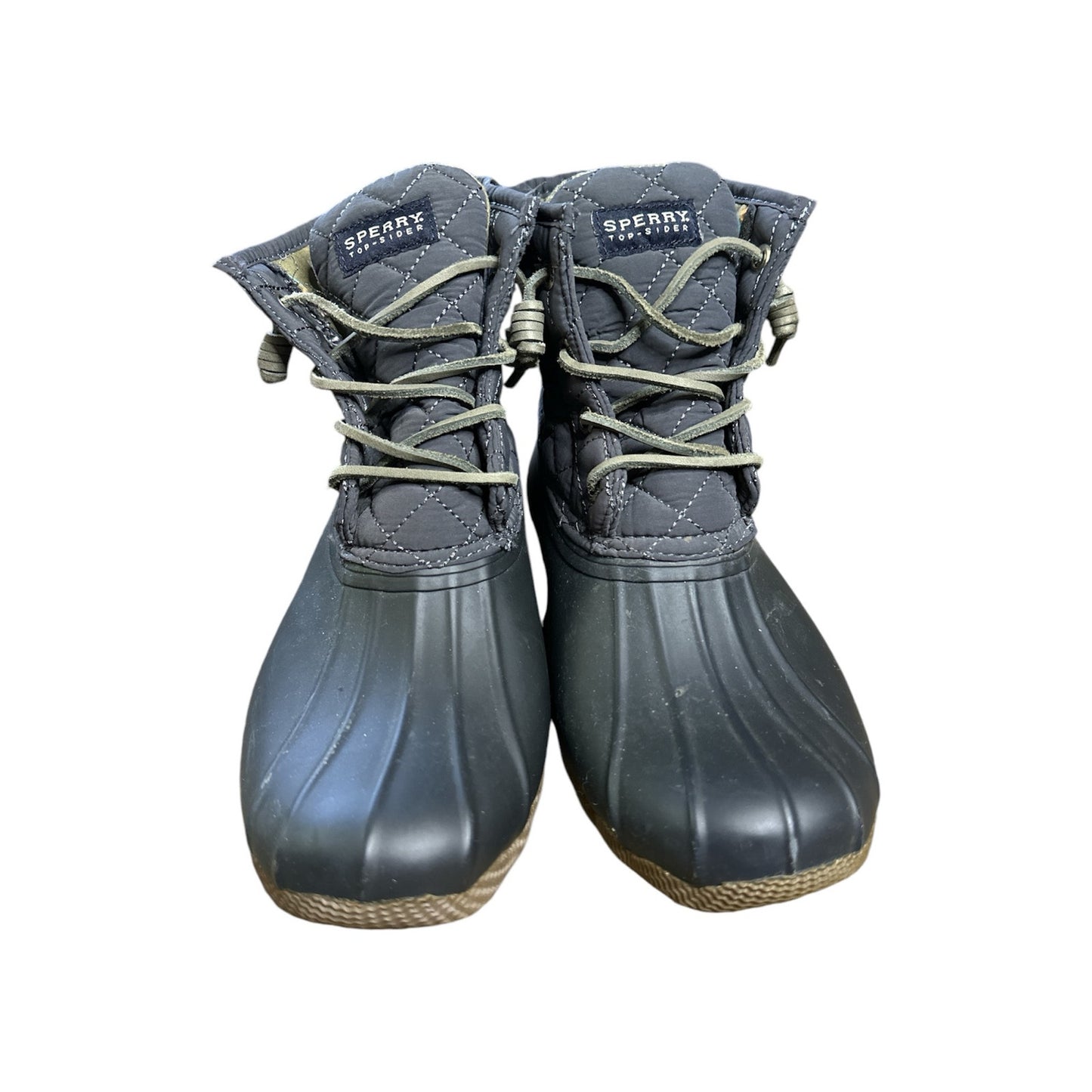 Women’s Sperry Top Sider Black/Grey Lace Up Duck Waterproof Rubber Boots Size 8