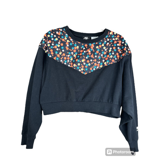 Nike Black Floral Rainbow Print Long Sleeve Crop Top Sweatshirt Size Medium