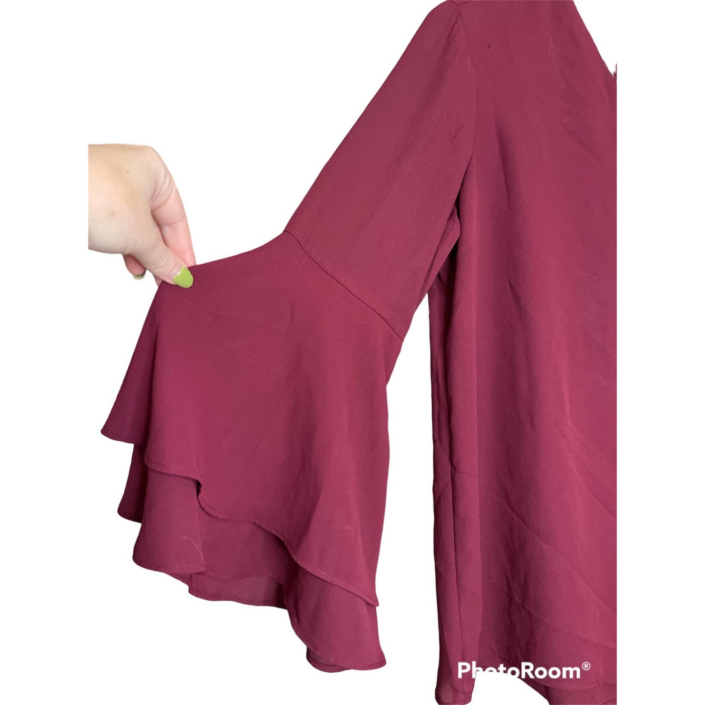 Alfani Maroon Purple Long Bell Sleeve V Neck Blouse Size 2