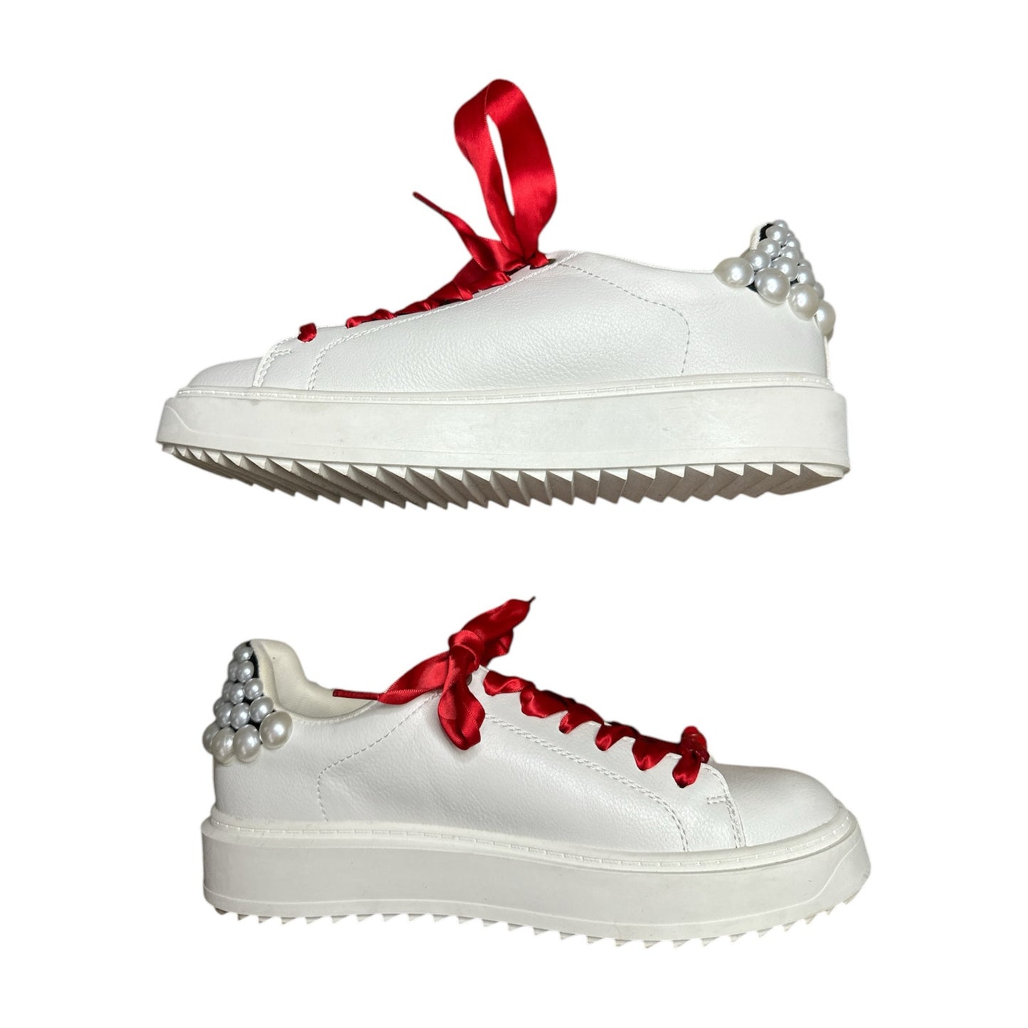 Steve Madden Red White Lace Up Plaid Pearl Valentines Platform Sneaker Size 9.5