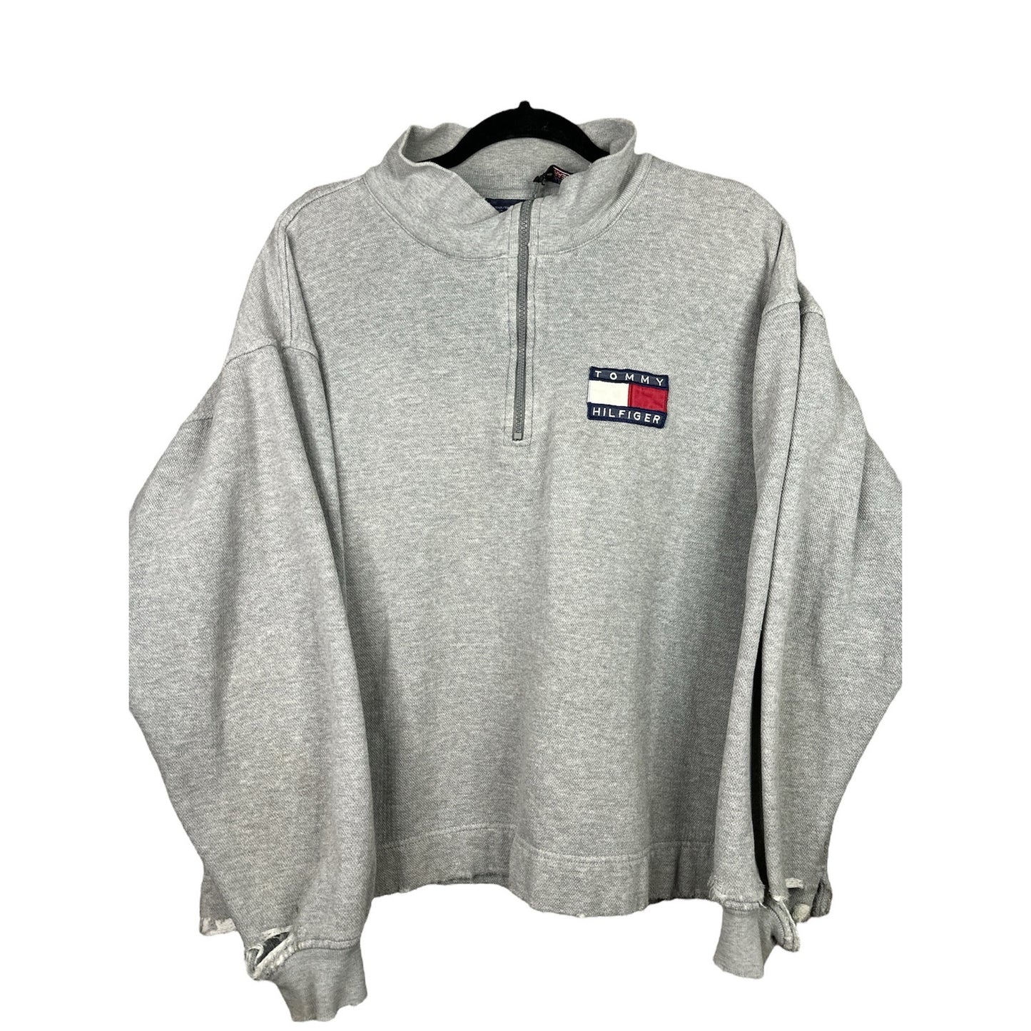 Tommy Hilfiger Grey Long Sleeve Quarter Zip Pullover Distressed Size XL