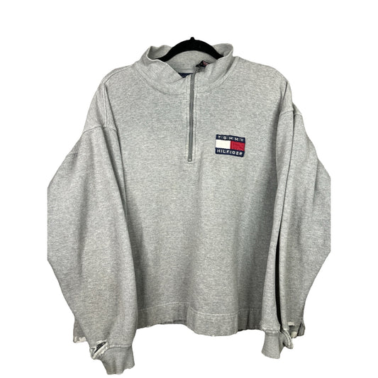 Tommy Hilfiger Grey Long Sleeve Quarter Zip Pullover Distressed Size XL